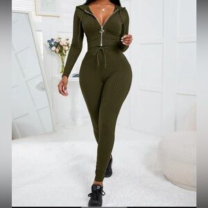 SHEIN Khaki Ribbed Zip-Up Jumpsuit